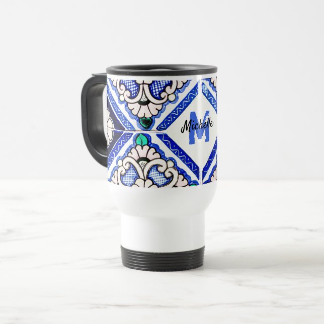 Caneca Térmica Marinho de Azulejos de Padrão Espanhol Azulejo Mon (Frente Esquerda)