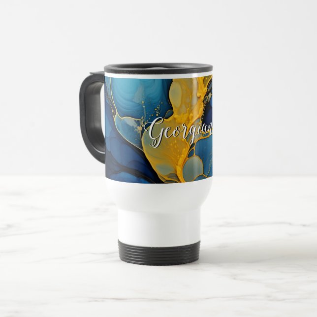 Caneca Térmica Marinho personalizado e Dourada Arte Fluida com Ti (Frente Esquerda)