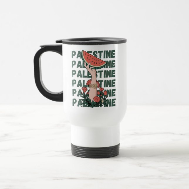 Caneca Térmica melancia, flores e texto palestino Repetir (Esquerda)