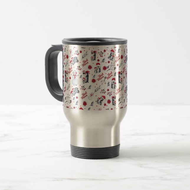 Caneca Térmica Melhor Padrão de Natal da Mãe Pinguim (Frente Esquerda)