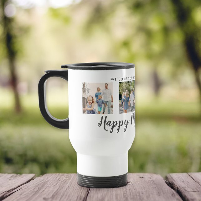 Caneca Térmica Mensagem Personalizada de Foto do Dia de as mães 4 (Happy Mother's Day script font with 4 family photo slots along with a custom message)