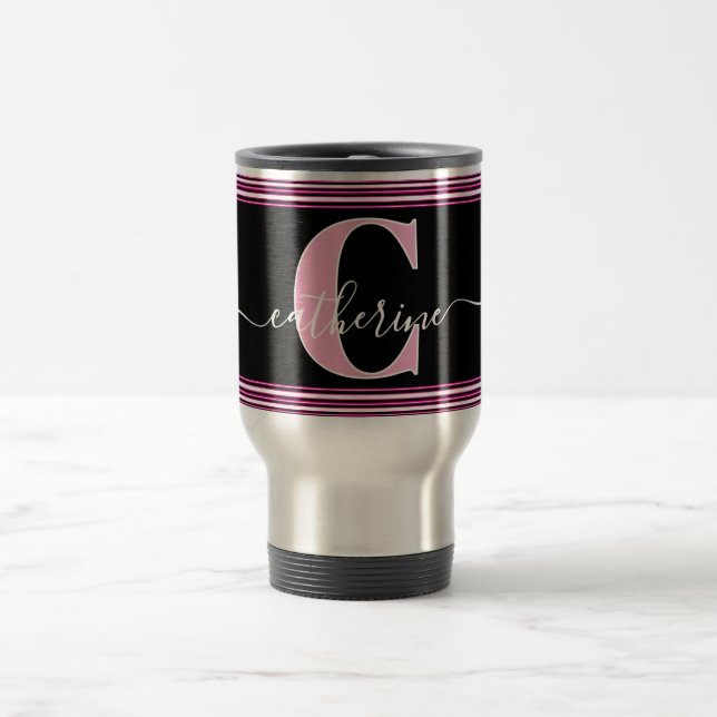 Caneca Térmica Minimal Stylish Monogram Name Black White Hot Pink (Centro)