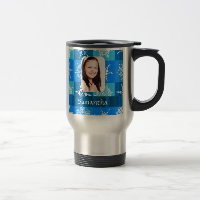 Caneca Térmica Modelo de foto de floco de neve azul (Direita)