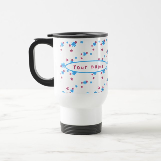 Caneca Térmica Modelo de Monograma Moderno Floral Branco Azul (Esquerda)