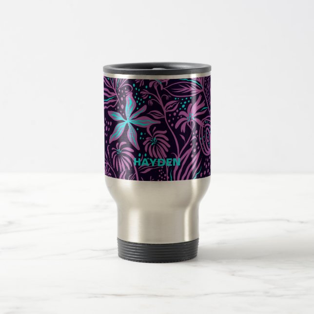 Caneca Térmica Modern Dark Purple Floral Pattern Personalised (Centro)