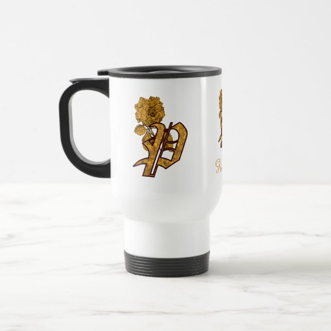 Caneca Térmica Monogram Initial P Elegant Gold Peony Personalized (Esquerda)