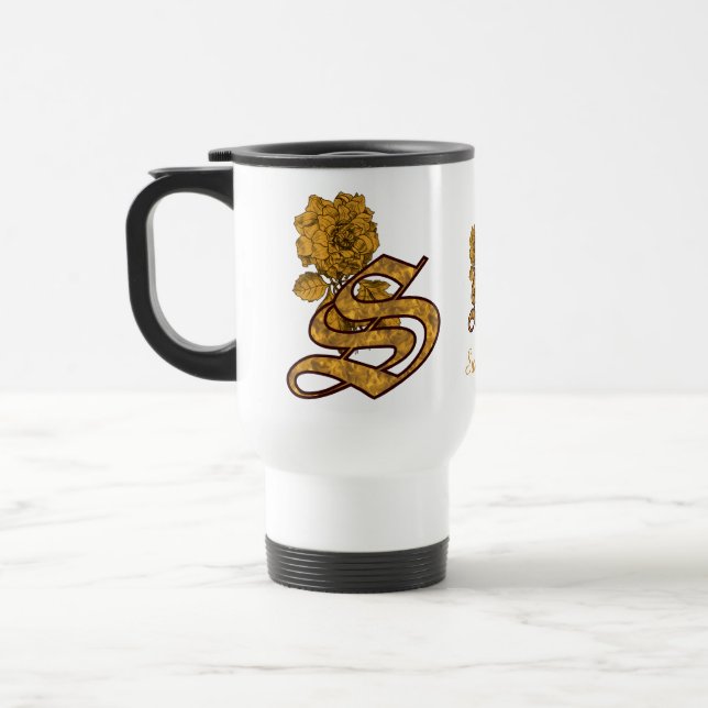 Caneca Térmica Monogram Initial S Elegant Gold Peony Personalized (Esquerda)