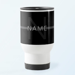 Caneca Térmica Monograma Cinza Escuro, Nome e Listra Geométrica