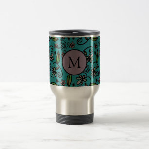 Caneca Térmica Monograma com padrão floral azul-petróleo fofo