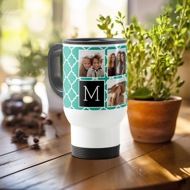 Caneca Térmica Monograma da Colagem de Fotografias Emerald & Blac (Personalized travel mug - add photos and text or customize completely)