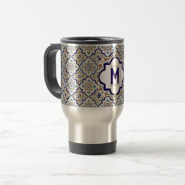 Caneca Térmica Monograma de Azulejos Botânicos de Vintage (Frente Esquerda)