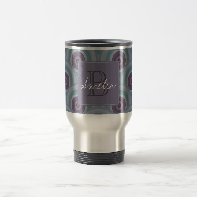 Caneca Térmica Monograma de círculos retrô roxos e verdes (Centro)