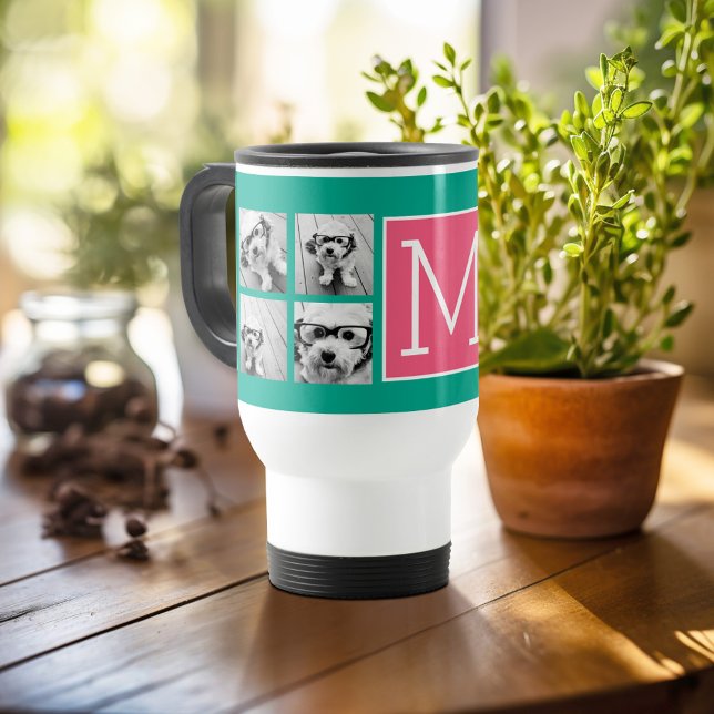 Caneca Térmica Monograma de Colagem de Fotografias do Teal e do H (Personalized travel mug - add photos and text or customize completely)