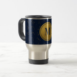 Caneca Térmica Monograma de Constelações Zodiacas Azuis Douradas