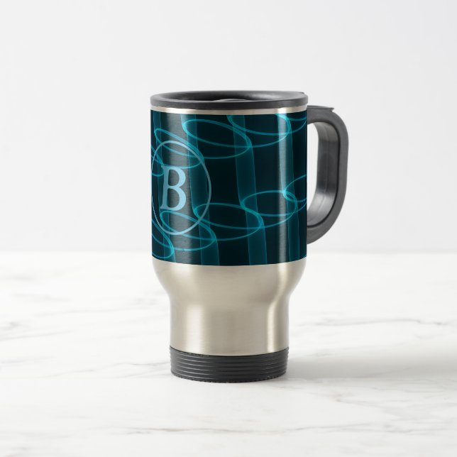Caneca Térmica Monograma de Ondas Neon Azul Abstrato legal (Frente Esquerda)