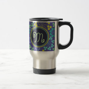 Caneca Térmica Monograma de Padrão Floral Azul-Abstrato Funky