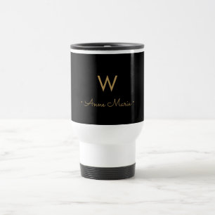Caneca Térmica Monograma de Script Dourado Preto Moderno