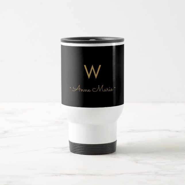 Caneca Térmica Monograma de Script Dourado Preto Moderno (Centro)