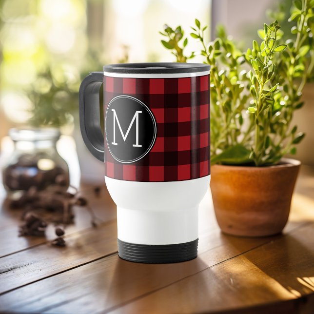 Caneca Térmica Monograma do Padrão Rustic Red & Black Buffalo Xad (Personalized travel mug - add photos and text or customize completely)