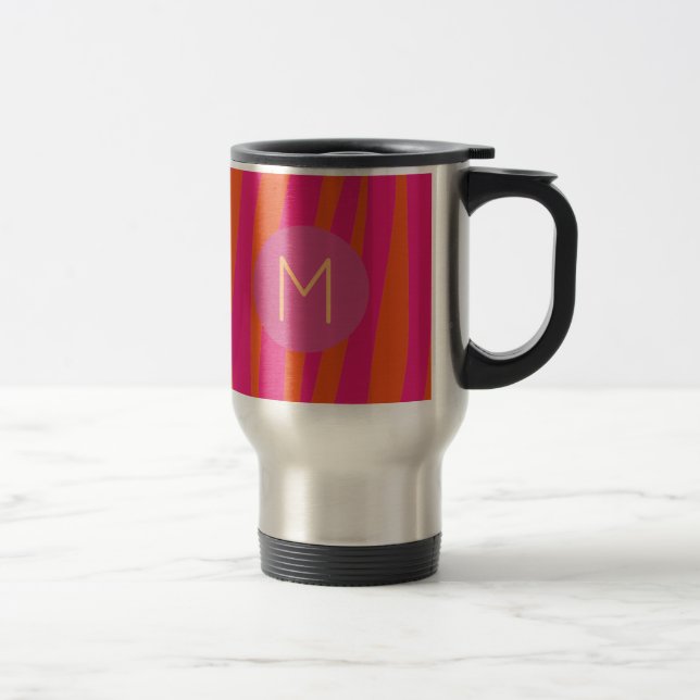 Caneca Térmica Monograma Moderno de Zebra Rosa e Laranja Stripe (Direita)
