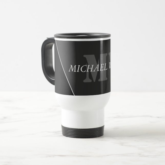 Caneca Térmica Monograma Negro de Cinzas Artísticas Modernas (Frente Esquerda)