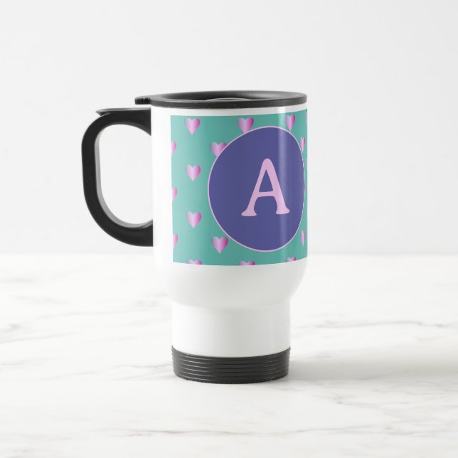 Caneca Térmica Monograma Personalizado Corações Lilac Teal (Esquerda)