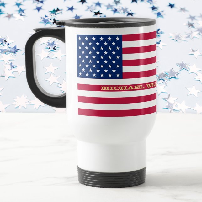 Caneca Térmica Monograma Personalizado de Bandeira Americana Patr (Patriotic USA American Flag Personalized Monogram Travel Mug)