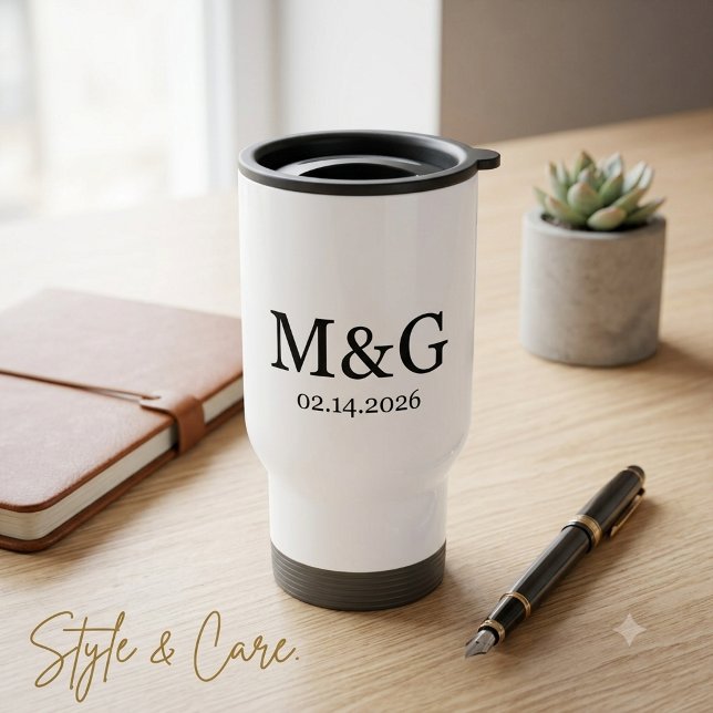 Caneca Térmica Monograma Personalizado e Data Personalizada (Custom Monogram and Date Personalized Travel Mug)