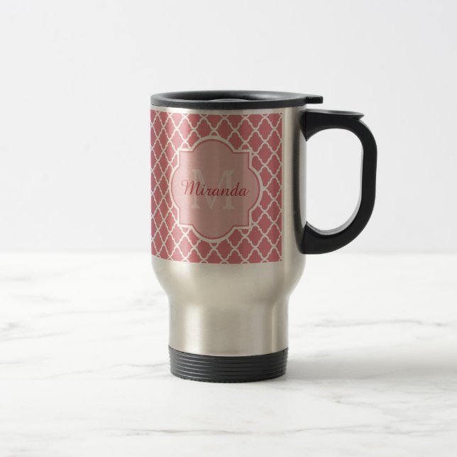 Caneca Térmica Monograma Quatrefoil Cor-De-Rosa Chic Com Nome (Direita)