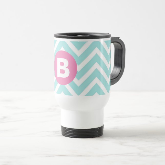 Caneca Térmica Monograma Rosa Azul Claro na Moda com Chevron (Frente Esquerda)