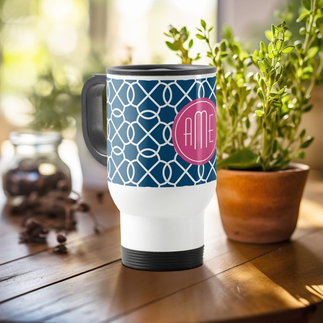 Caneca Térmica Monogramas de padrão geométrico rosa-quente e azul (Personalized travel mug - add photos and text or customize completely)