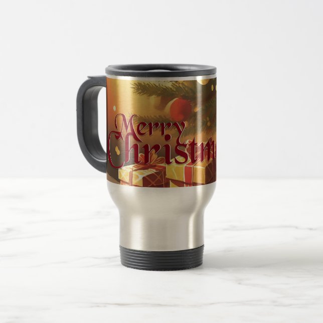 Caneca Térmica Motivo de Natal, com Presentes sob a Árvore de Nat (Frente Esquerda)