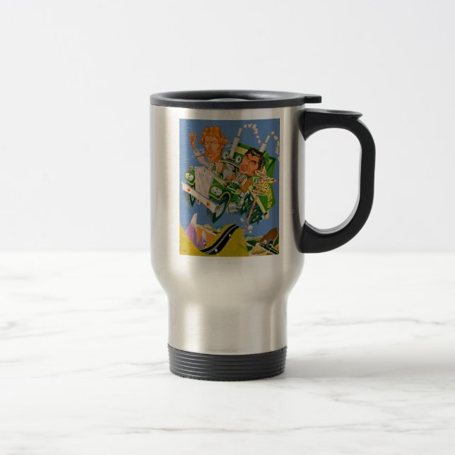 Caneca Térmica Movendo-se na Caricatura do Céu Azul (Direita)