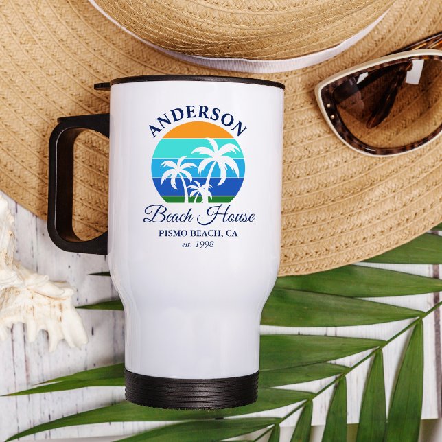 Caneca Térmica Nome da família Beach House Sun Palm Trees (Customize to change text size, color or text style.)