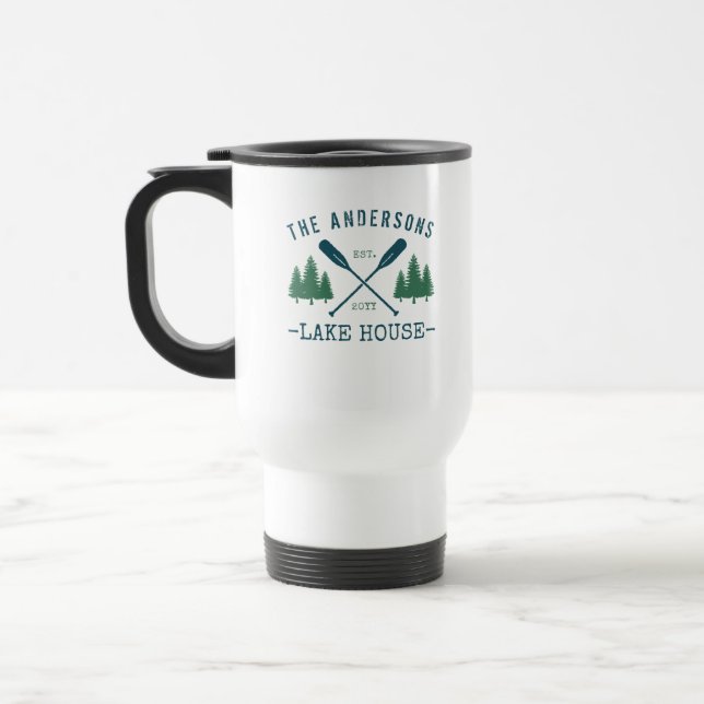 Caneca Térmica Nome da família Lago House Oars Rustic Pine Trees (Esquerda)