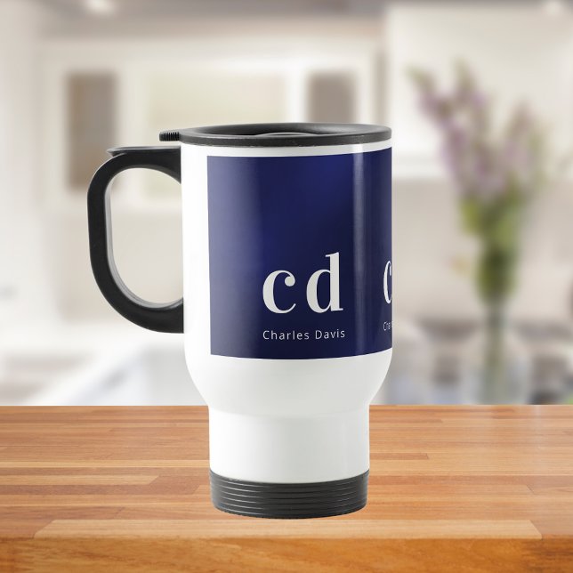 Caneca Térmica Nome das iniciais do monograma branco azul marinho (Criador carregado)