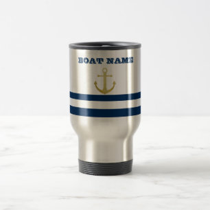 Caneca Térmica Nome de Barco Náutico, Âncora Dourada Listras Azul