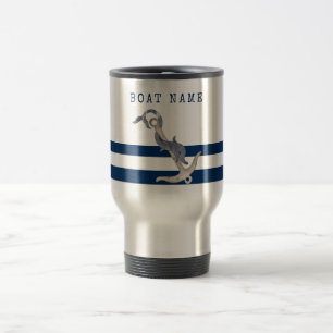 Caneca Térmica Nome de Barco Náutico, Âncora Golfinho Azul Marinh