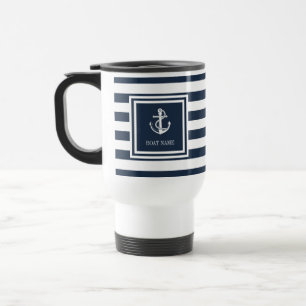 Caneca Térmica Nome do barco listras azul marinho âncora náutica