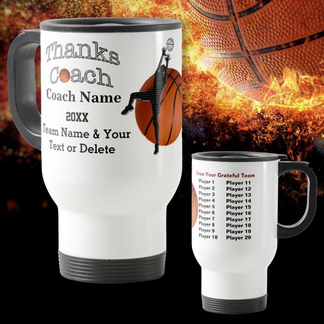 Caneca Térmica Nome do treinador de basquetebol, NOMES dos jogado (Good gifts for basketball coaches. Basketball Coach Mugs. Personalized basketball coach gifts. Names)
