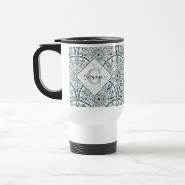 Caneca Térmica Nome Personalizado Art Deco Floral Harmonia Cinza  (Esquerda)