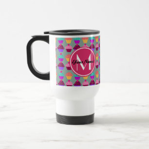 Caneca Térmica Nome Personalizado do Cupcake Rosa, Monograma Pers