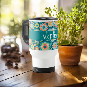 Caneca Térmica Nome Personalizado do Padrão Floral Colorido de V