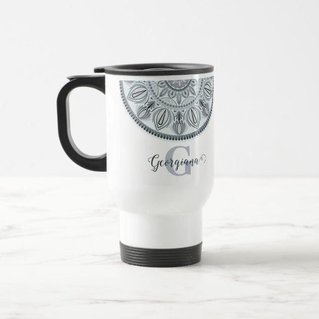 Caneca Térmica Nome Personalizado Harmonia Floral Cinza Monotone  (Esquerda)