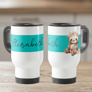 Caneca Térmica Nome personalizado preguiça fofa preto turquesa