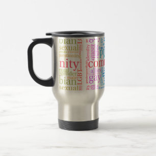 Caneca Térmica nuvem de palavras da comunidade LGBTQ+ arco-íris d