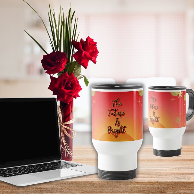 Caneca Térmica "O Futuro Está Brilhante" Boas Vibas Sol e Estrela ("The Future Is Bright" positive quote on 14 oz. travel mug. Personalize it for your favorite quote.)