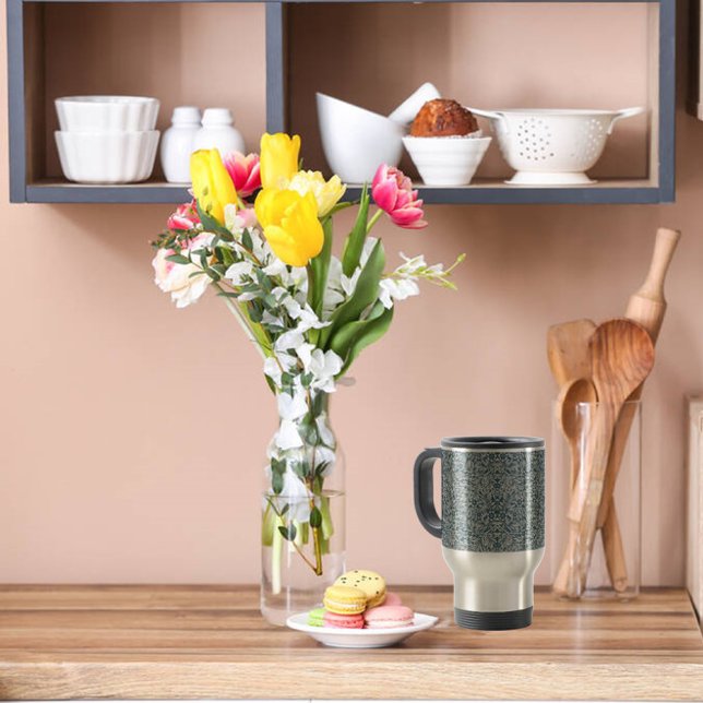 Caneca Térmica Padrão antigo de saída Vestida deixa fundo azul (Criador carregado)