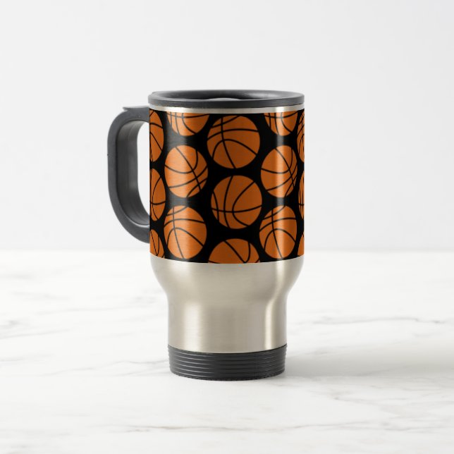 Caneca Térmica Padrão Clássico de Basquete em Preto (Frente Esquerda)