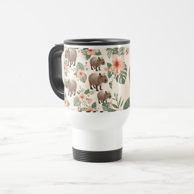 Caneca Térmica Padrão contínuo de capivara em aquarela fofa (Frente Esquerda)